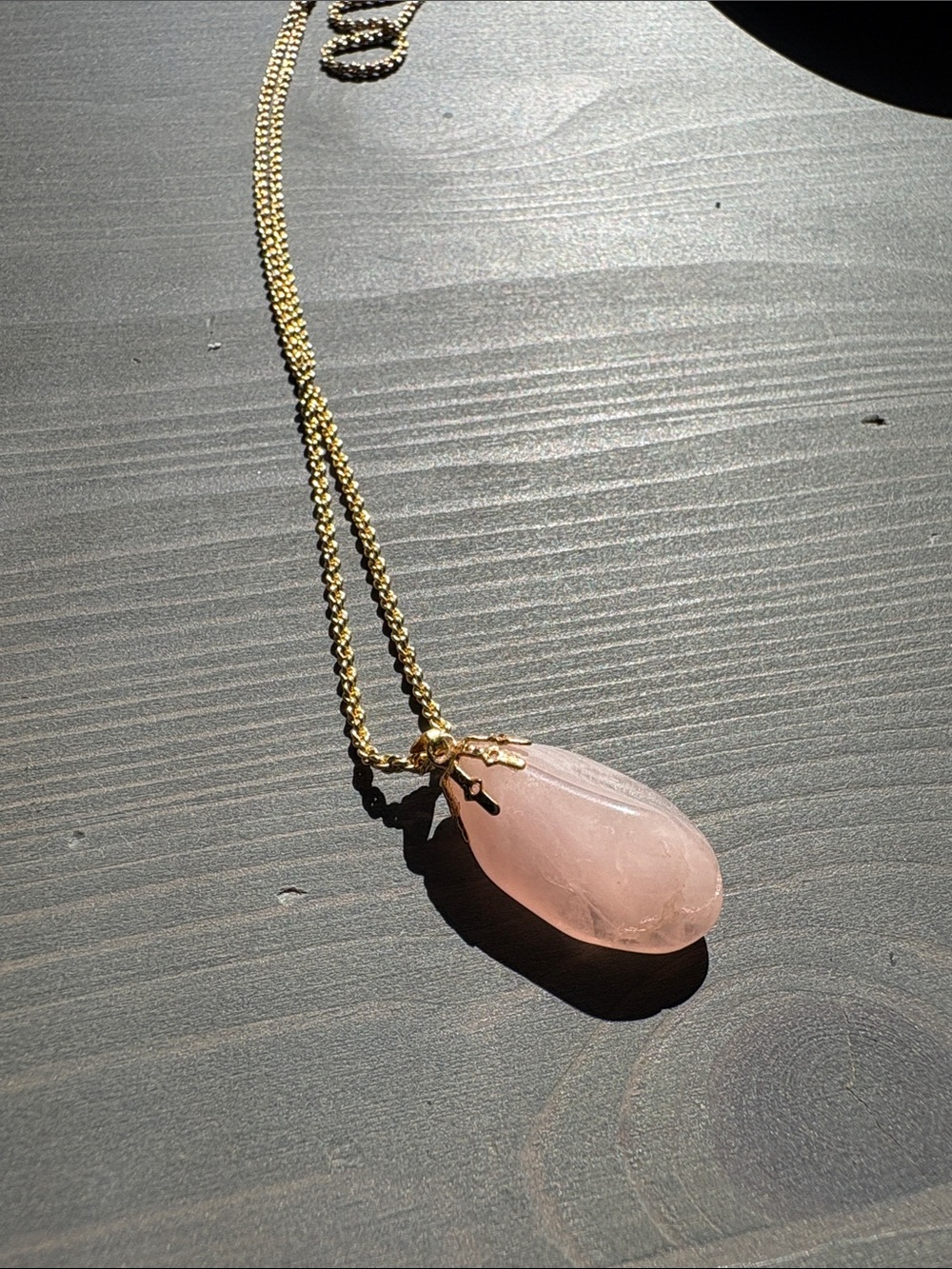 Vintage Chain Necklace with Rose Quartz Teardrop Pendant - Unbranded